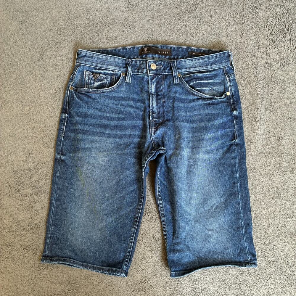Guess Blue Casual Mid Rise Regular Fit Straight Leg Cut Denim Shorts Men's Sz 31